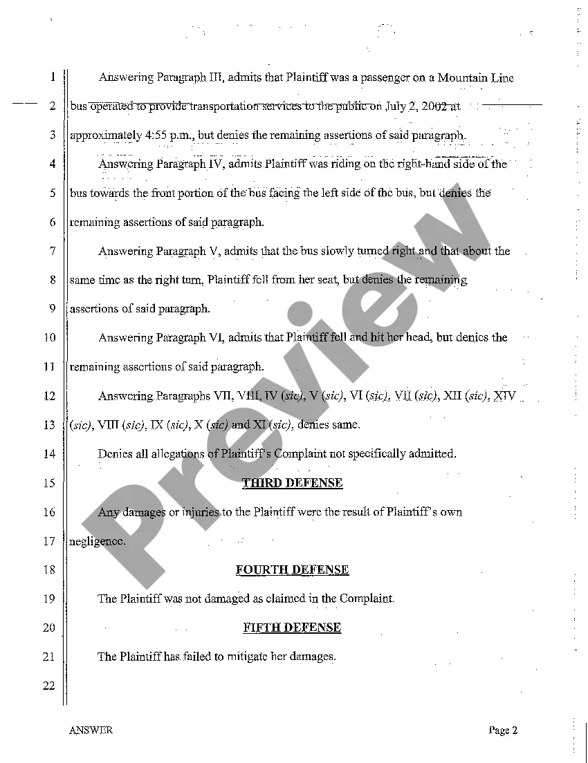 Preview A02 Answer to Complaint for Auto Accident