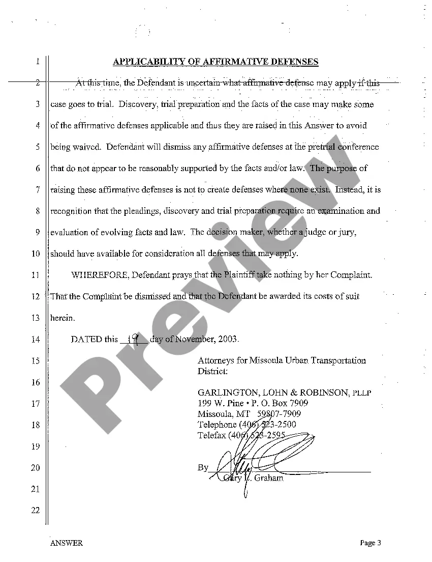 Preview A02 Answer to Complaint for Auto Accident