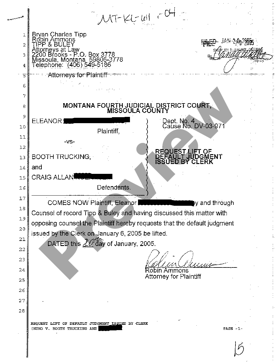 Montana Request Lift Of Default Judgment Issued By Clerk | US Legal Forms