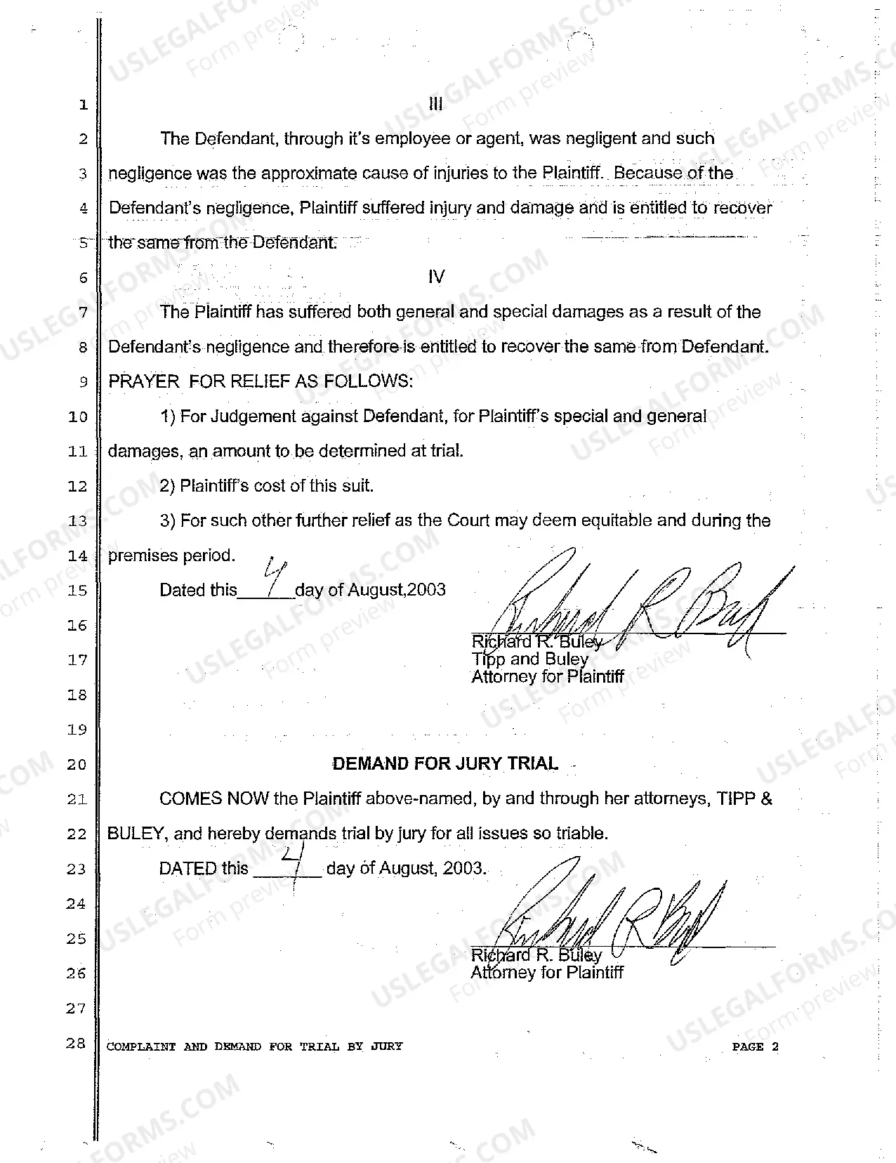 Preview A01 Complaint and Demand for Jury Trial for Auto Accident