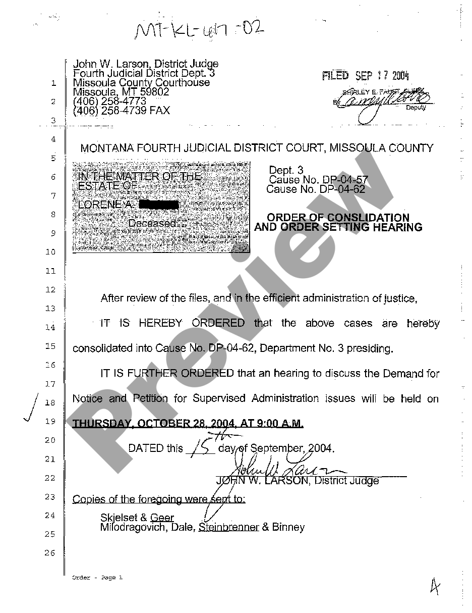 Montana Order of Consolidation and Order Setting Hearing | US Legal Forms