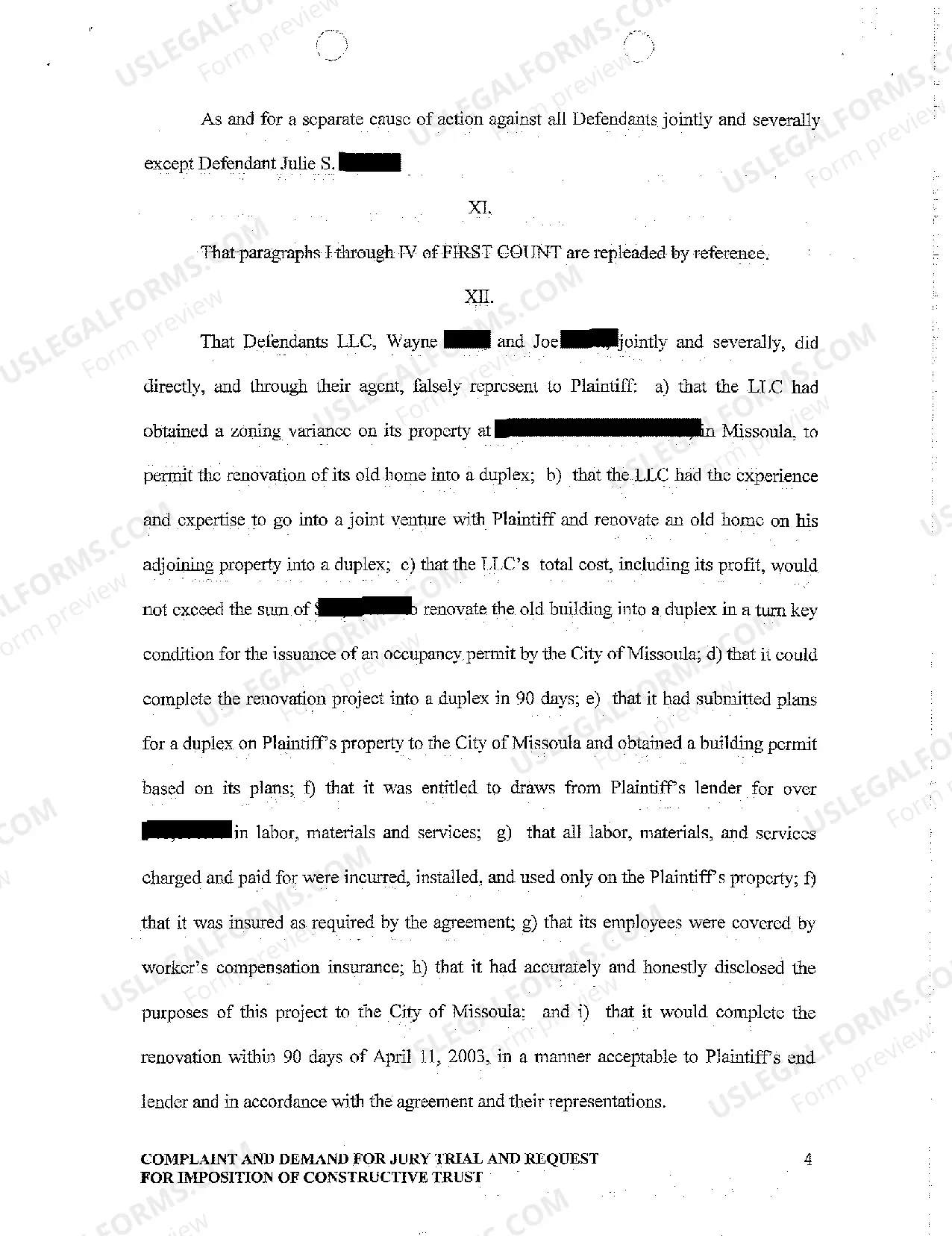 Preview A01 Complaint and Demand for Jury Trial and Request for Imposition of Constructive Trust