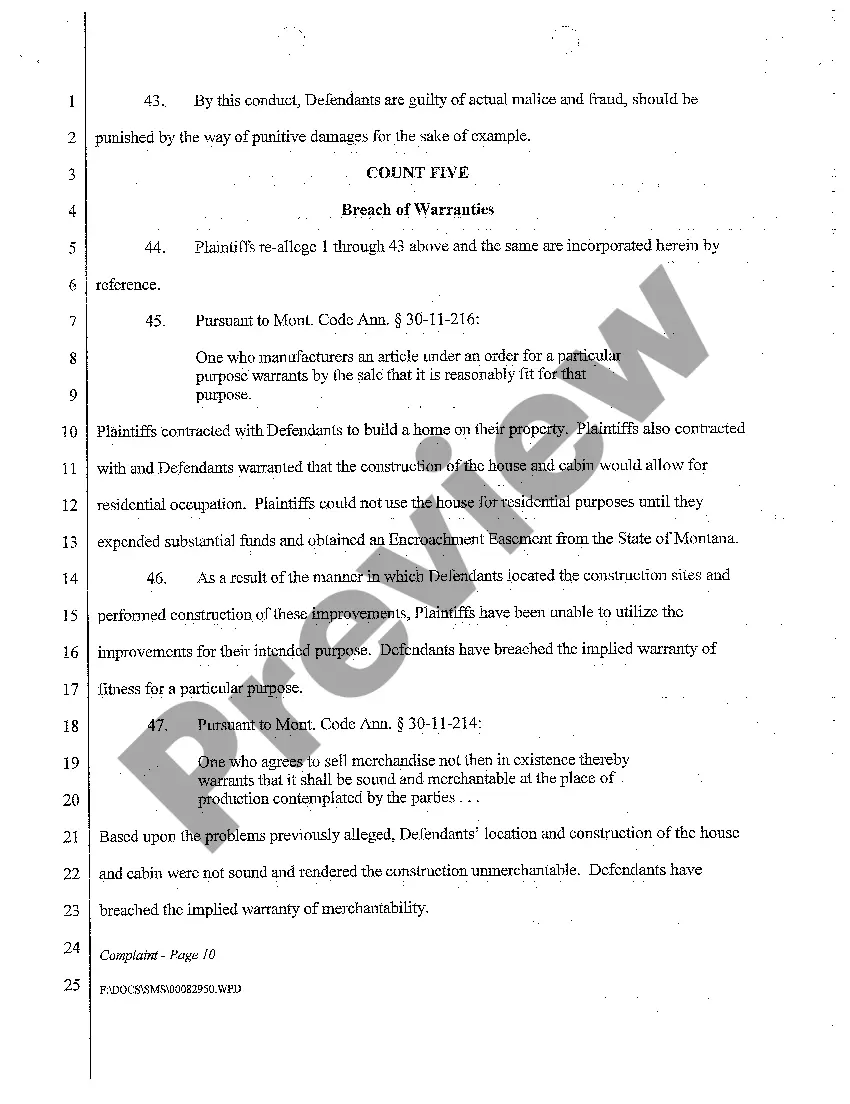 Preview A01 Complaint for Breach of Warranty