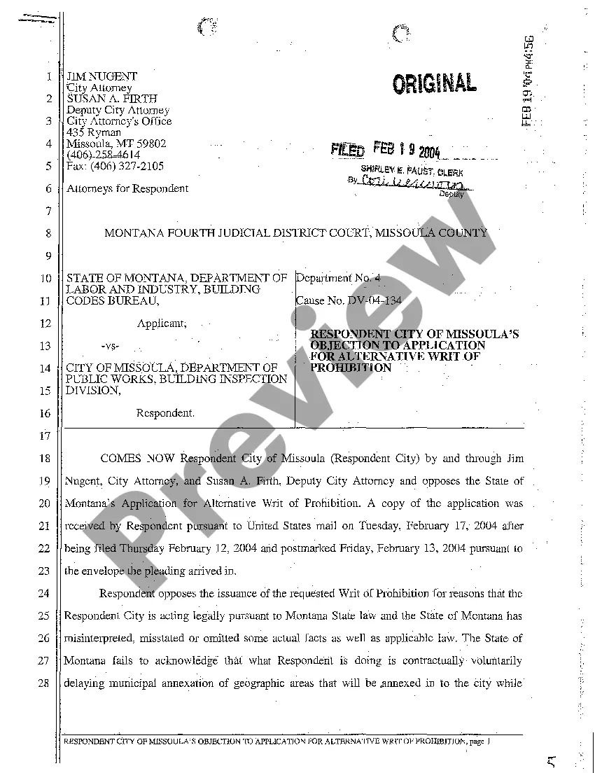 Preview A01 Brief in Support of Respondent's Objection to Application for Alternative Writ of Prohibition