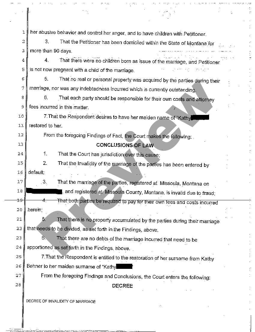 Montana Decree of Invalidity Certificate Of Finality Annulment Sample US Legal Forms