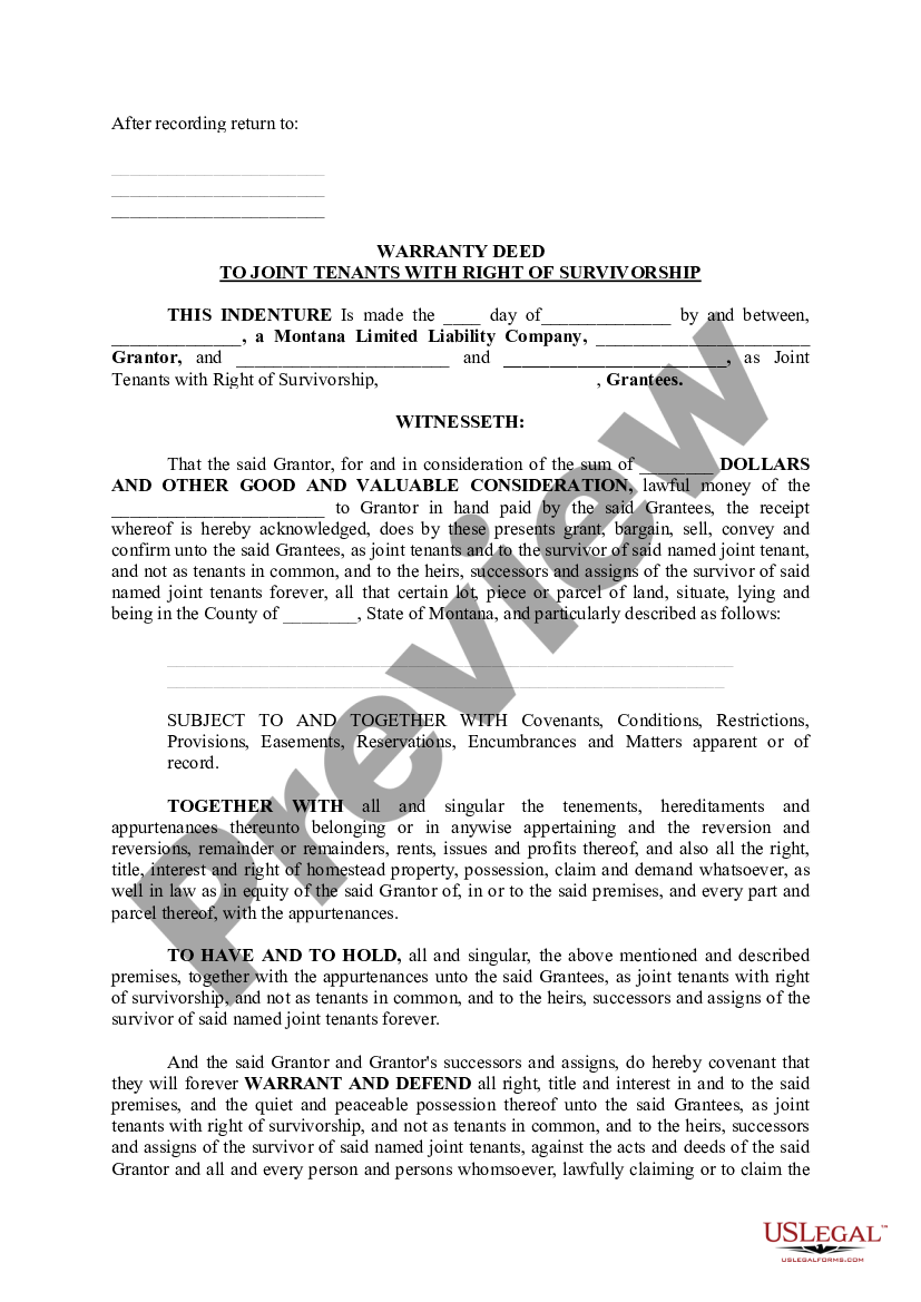 Montana warranty deed to joint tenants with right of survivorship us