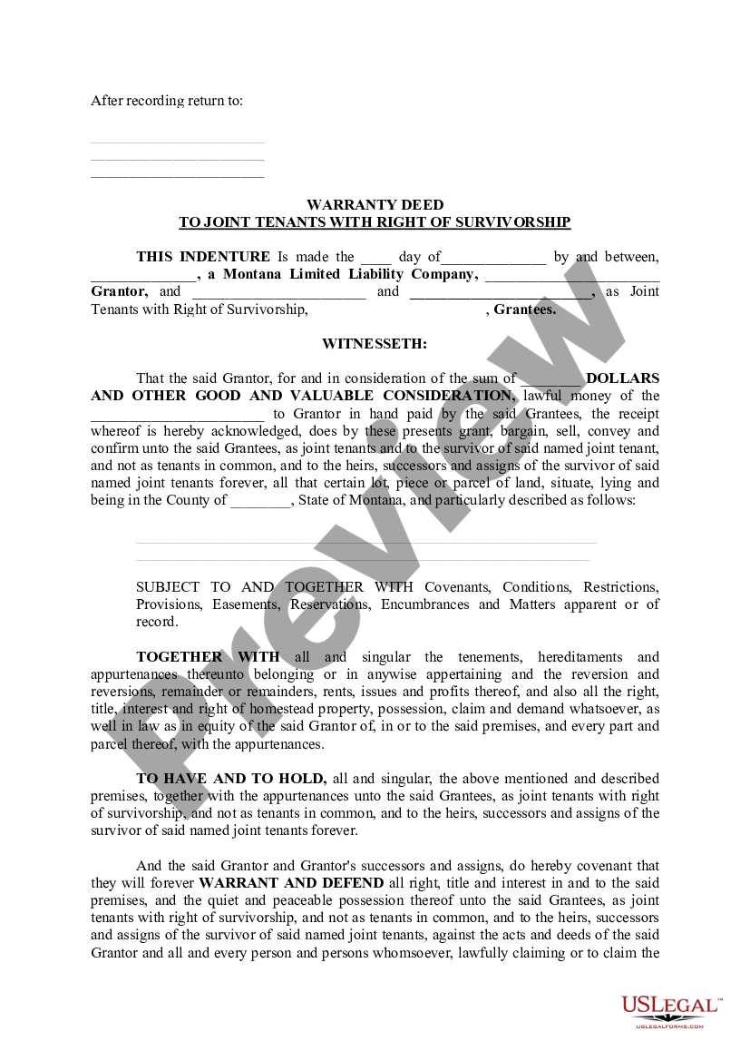 Montana Warranty Deed To Joint Tenants With Right Of Survivorship Us Legal Forms 8838