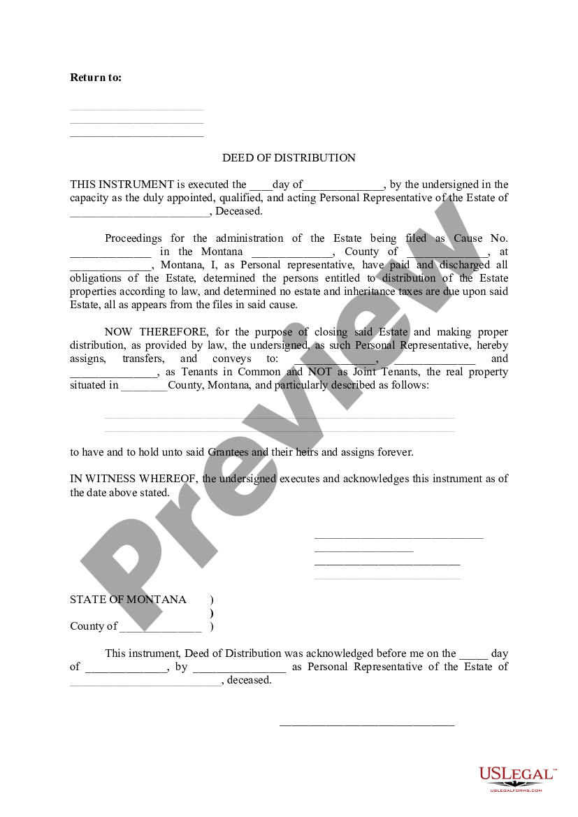 Montana Deed of Distribution - Montana Deed | US Legal Forms