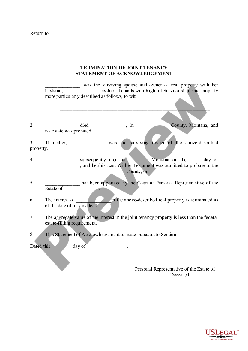 Montana Termination of Joint Tenancy Statement of Acknowledgement ...