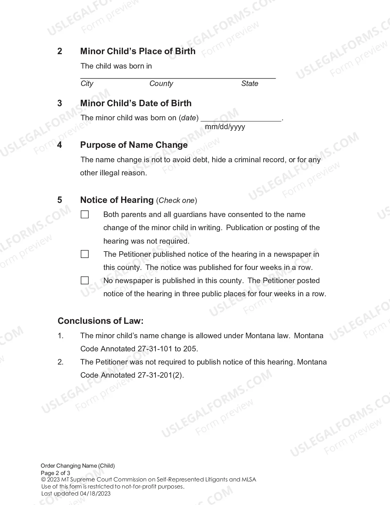 Preview Order Granting Name Change of Minor Child