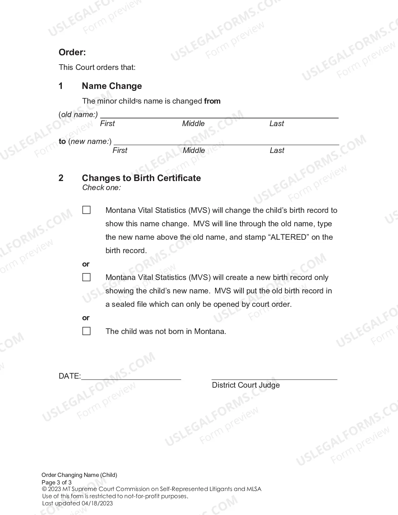 Preview Order Granting Name Change of Minor Child