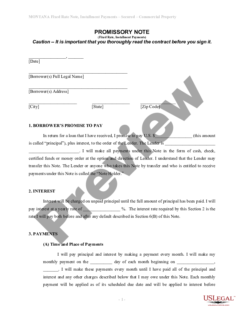 page 0 Montana Installments Fixed Rate Promissory Note Secured by Commercial Real Estate preview