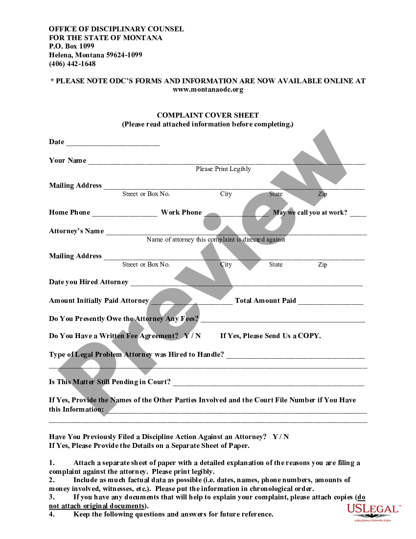 Montana Complaint Coversheet | US Legal Forms