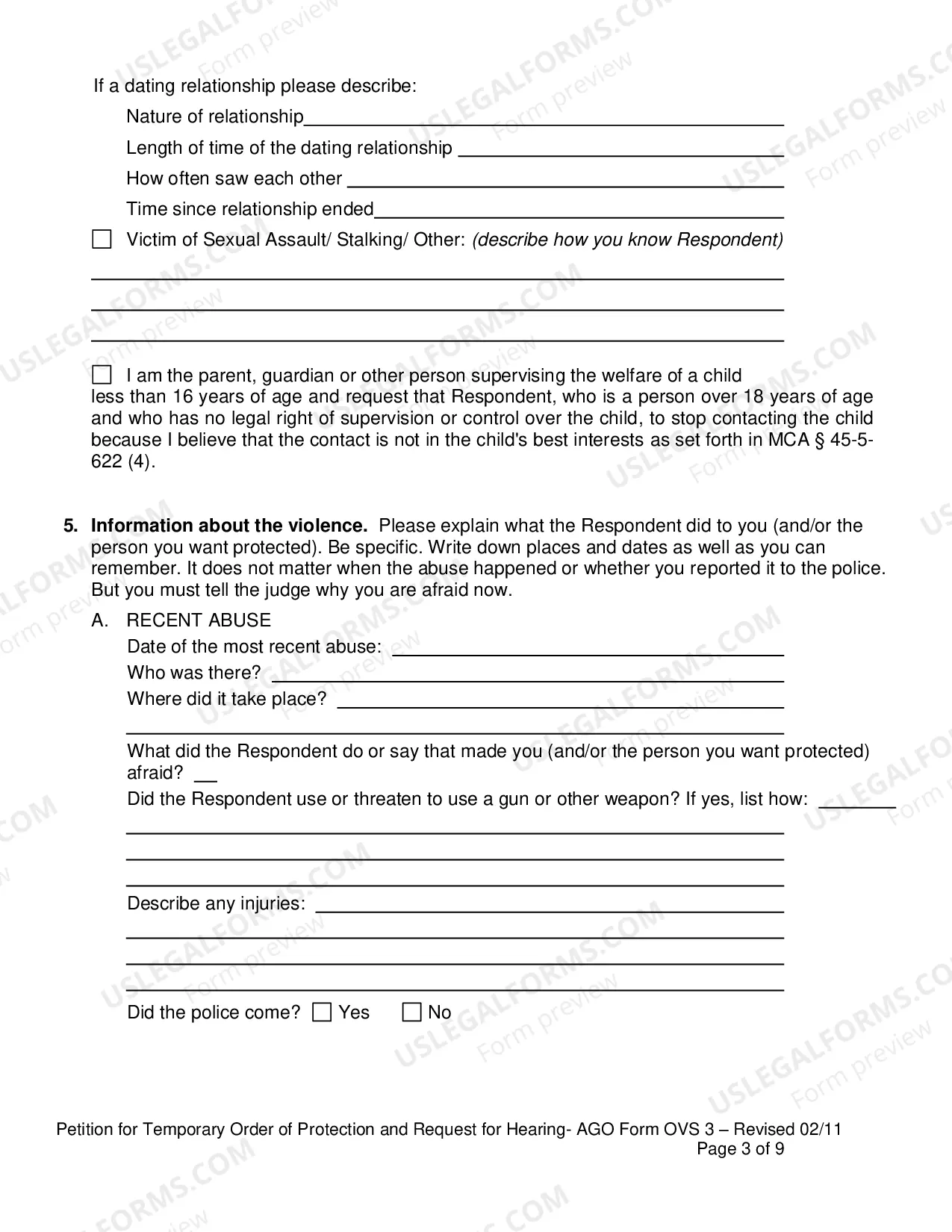 Preview Petition for Temporary Order of Protection and Request for Hearing