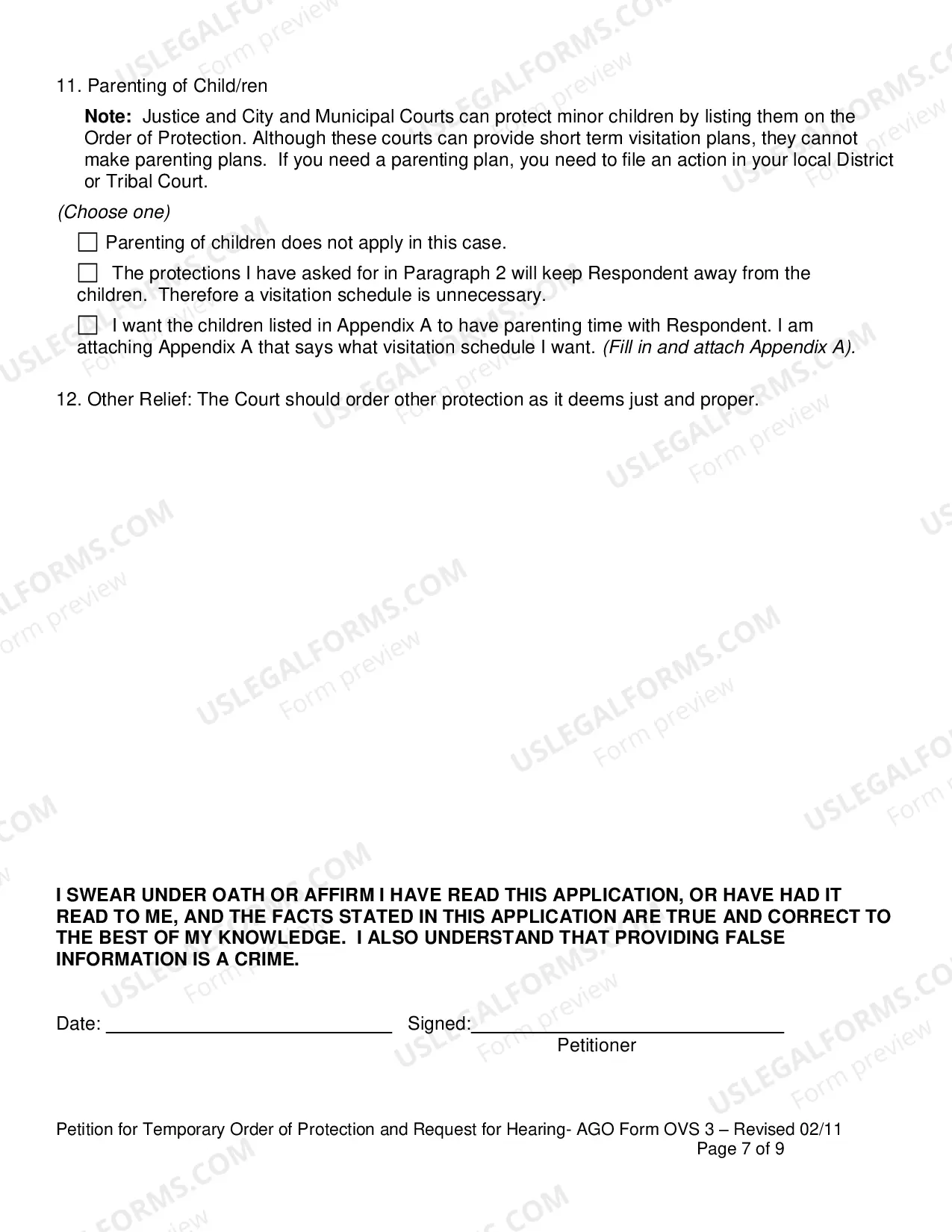 Preview Petition for Temporary Order of Protection and Request for Hearing