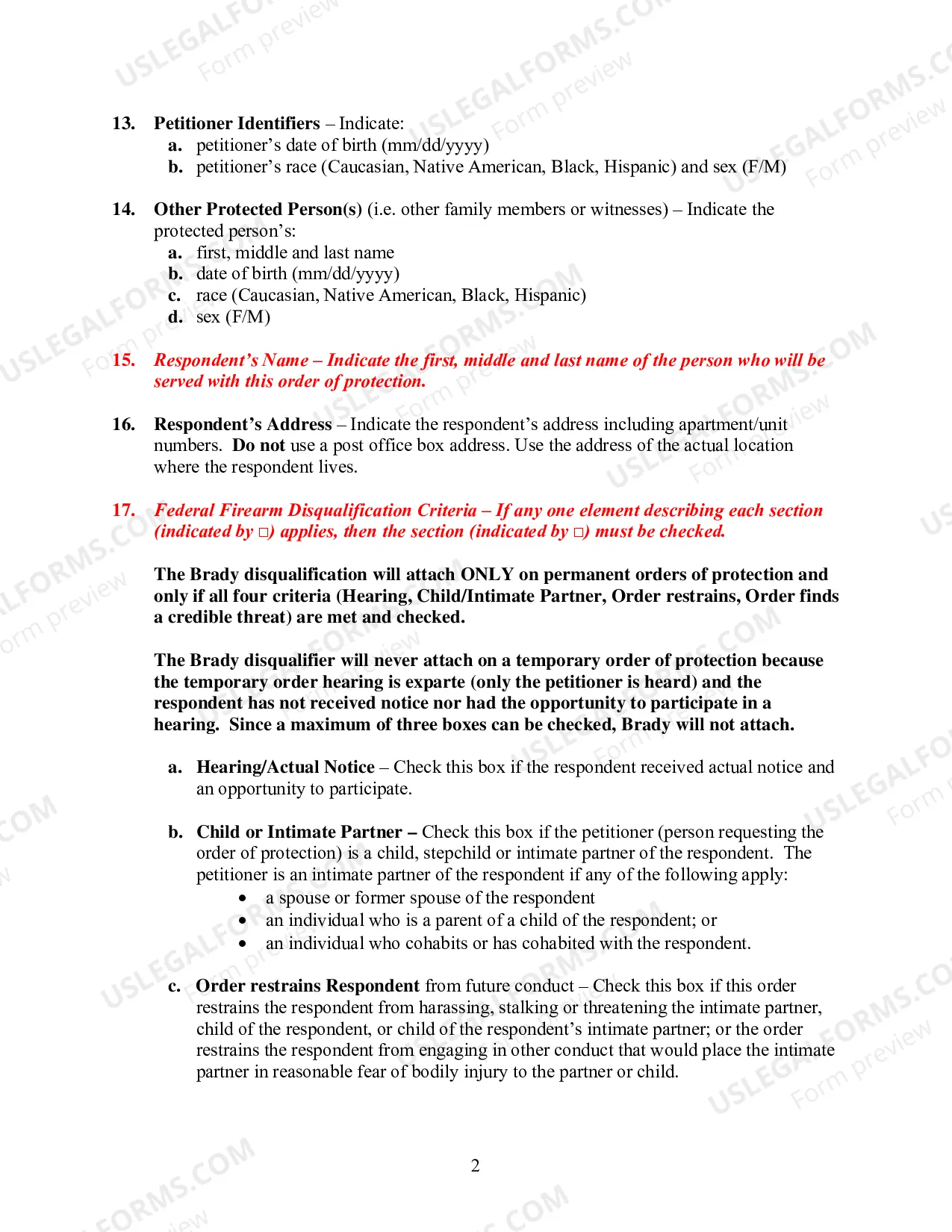 Preview Order of Protection Instructions