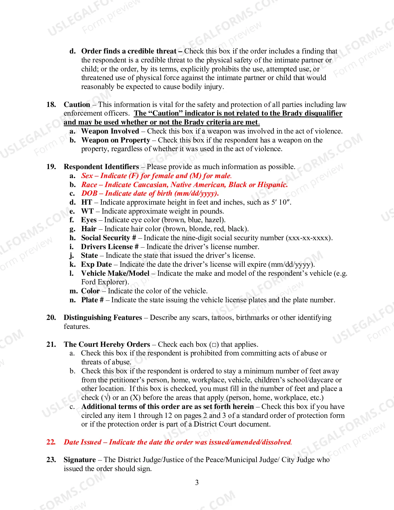 Preview Order of Protection Instructions