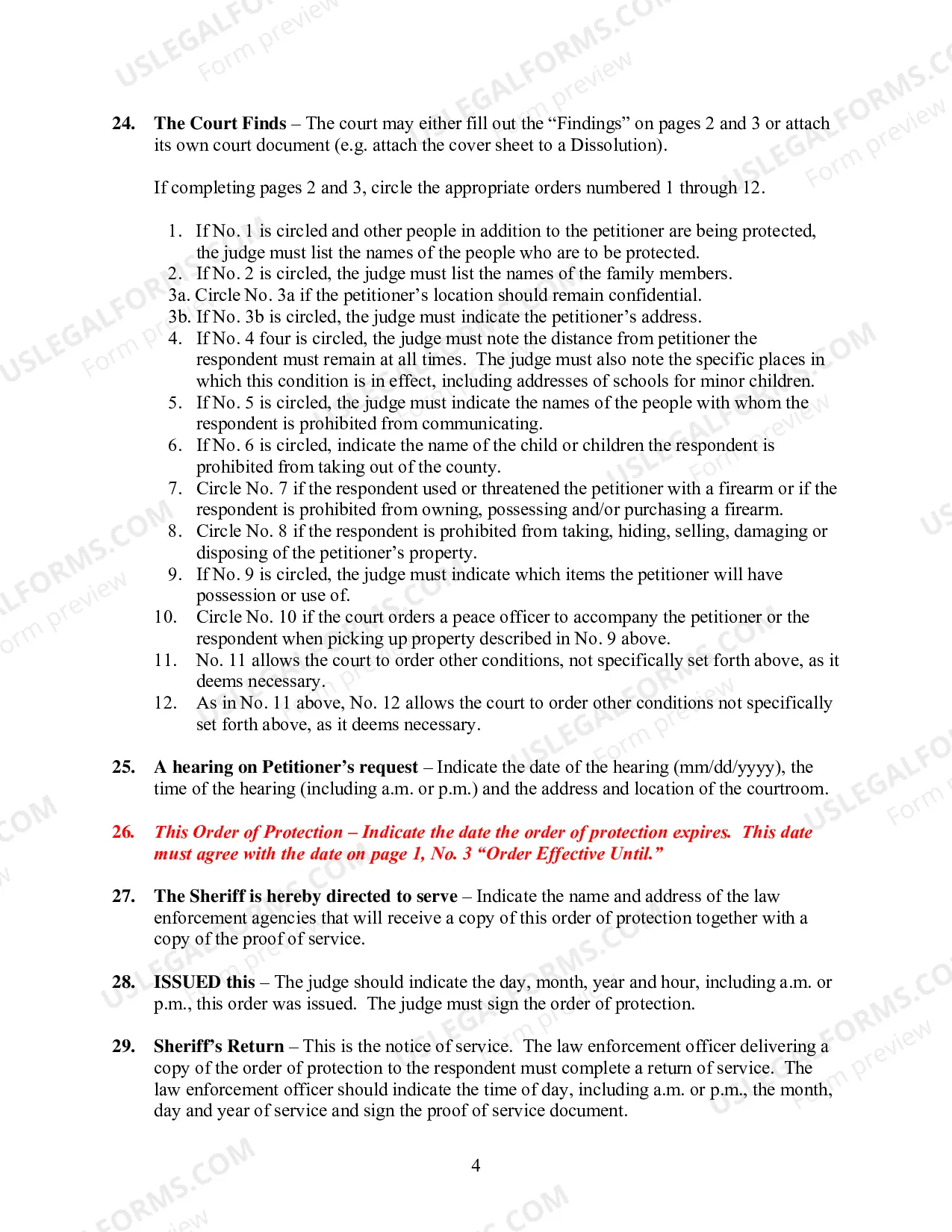 Preview Order of Protection Instructions