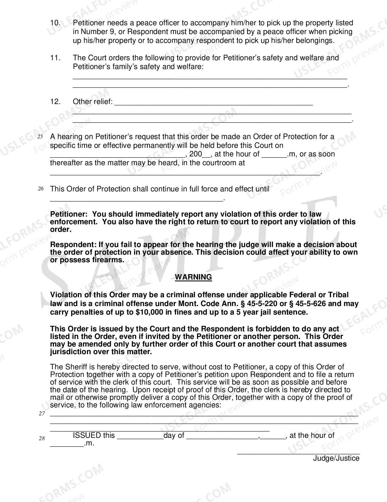 Preview Order of Protection Instructions