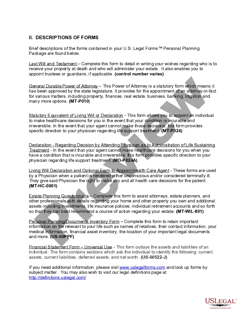 Get Montana Life Documents Planning Package, including Will, Power of Attorney and Living Will Preview Montana Life Documents Planning Package, including Will, Power of Attorney and Living Will