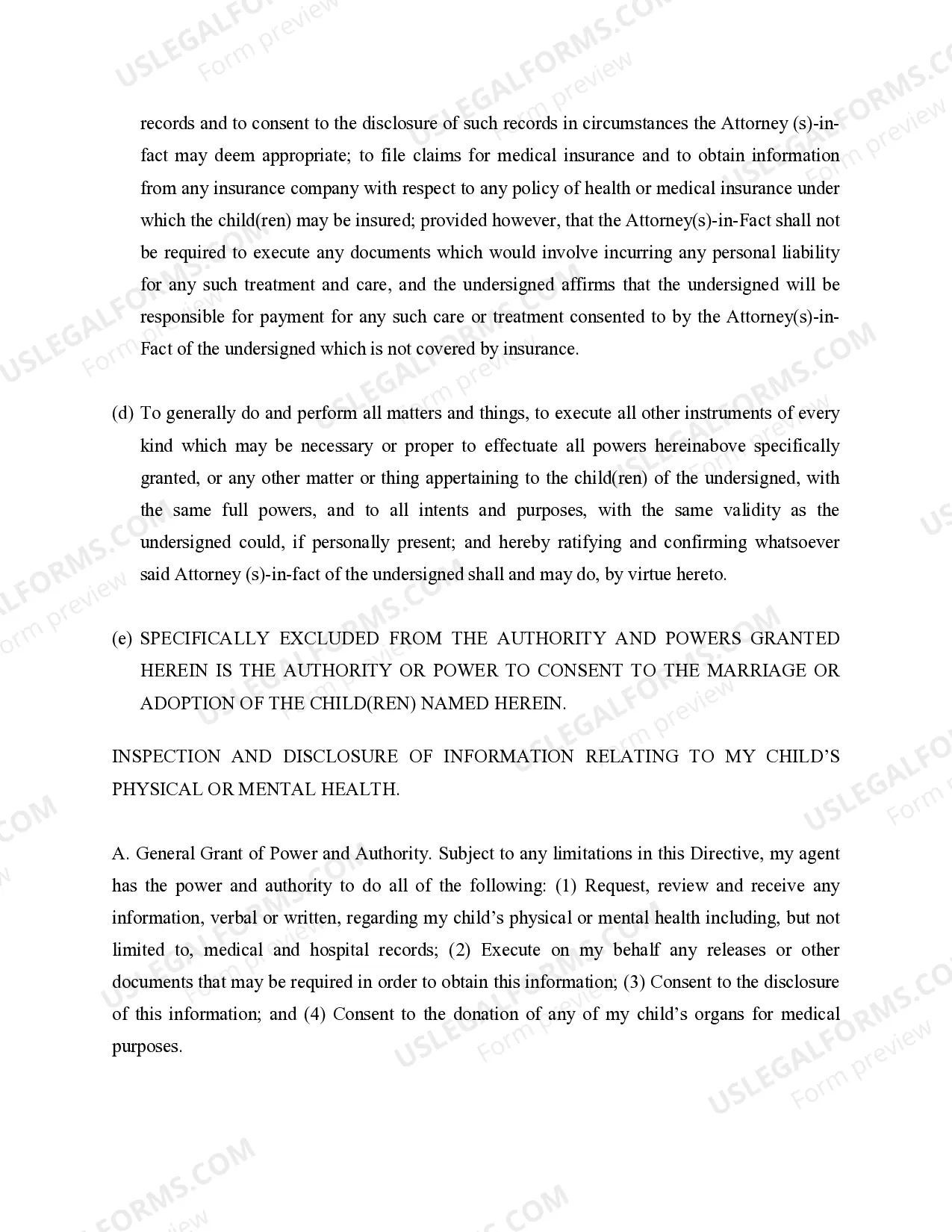 Preview General Power of Attorney for Care and Custody of Child or Children