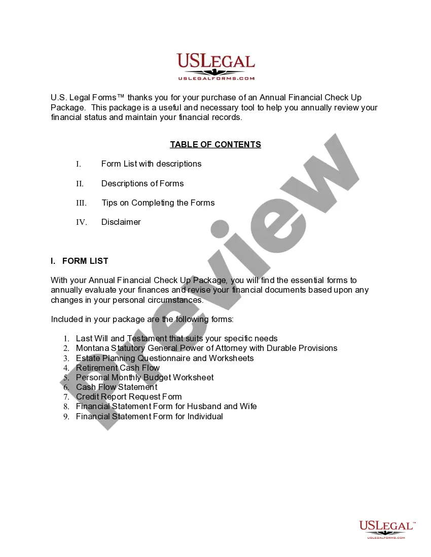 Preview Montana Annual Financial Checkup Package