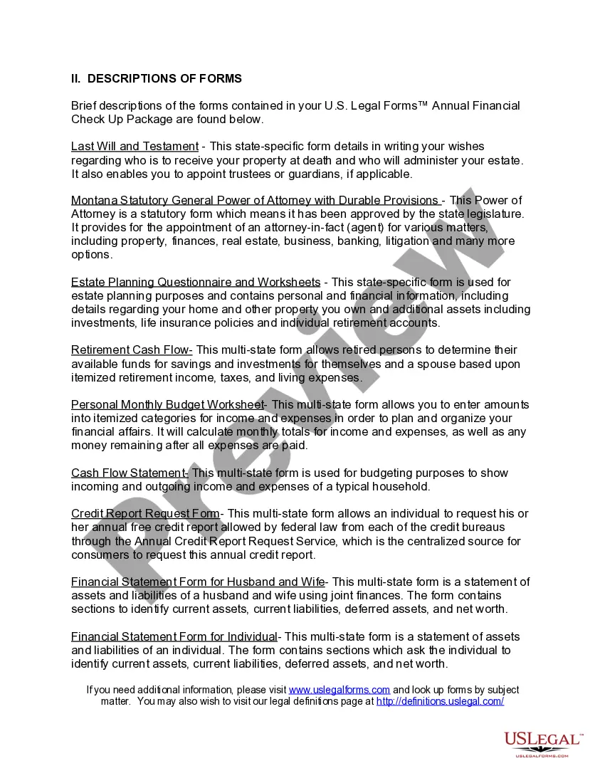 Preview Montana Annual Financial Checkup Package