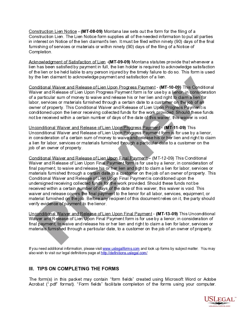 Preview Montana Construction or Mechanics Lien Package - Individual