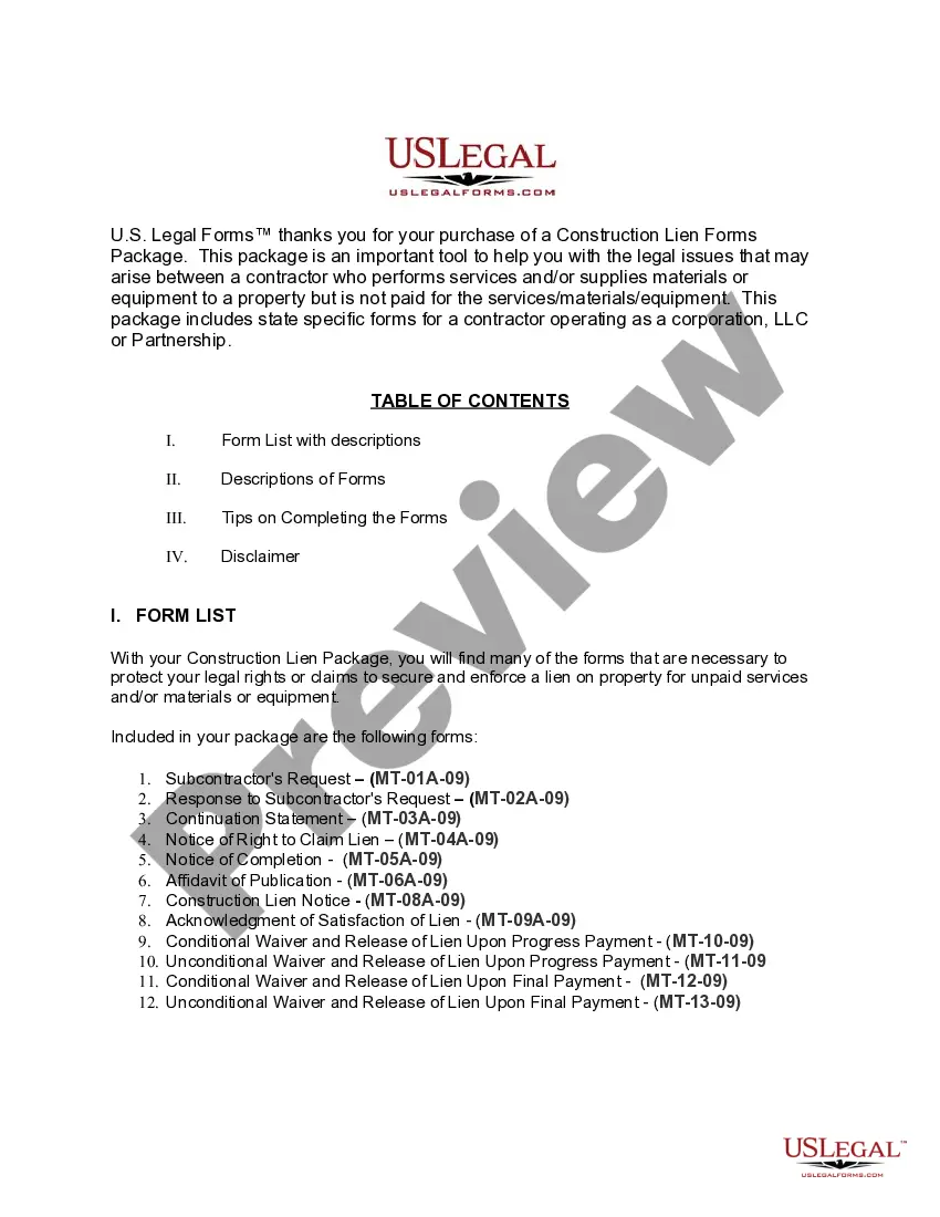 Preview Montana Construction or Mechanics Lien Package - Corporation or LLC
