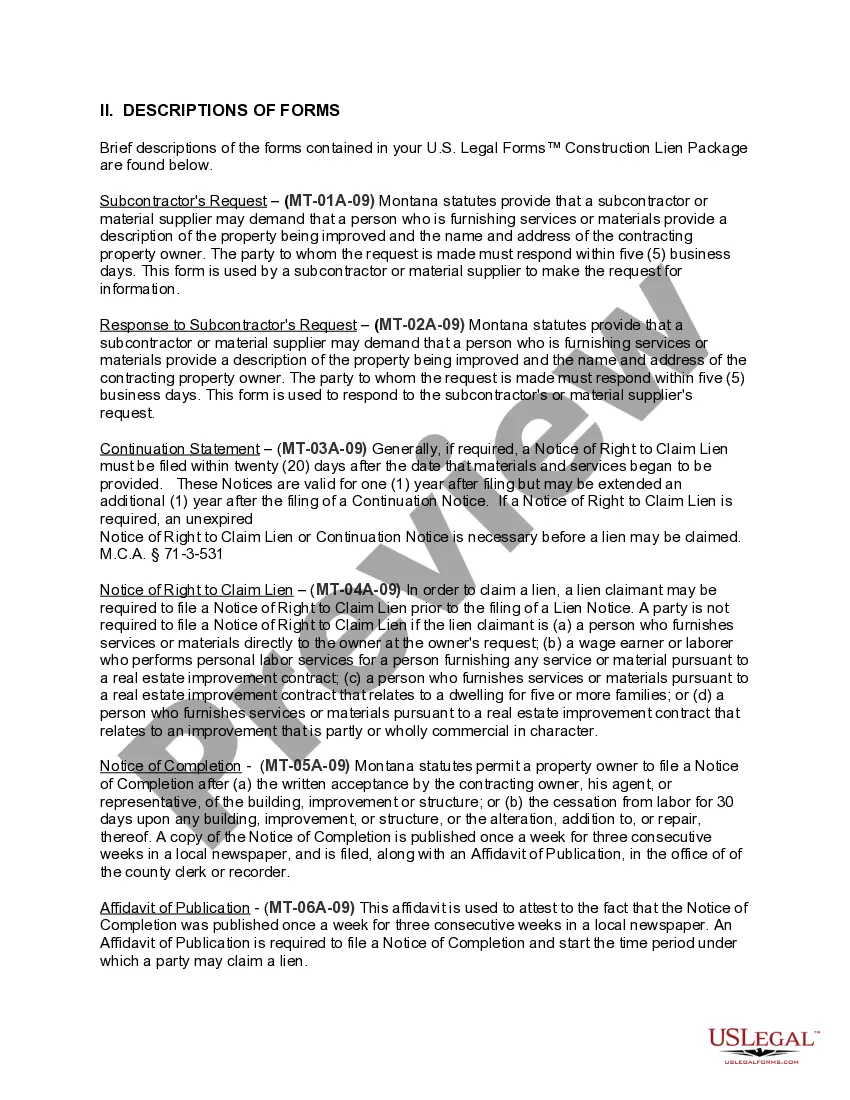 Preview Montana Construction or Mechanics Lien Package - Corporation or LLC