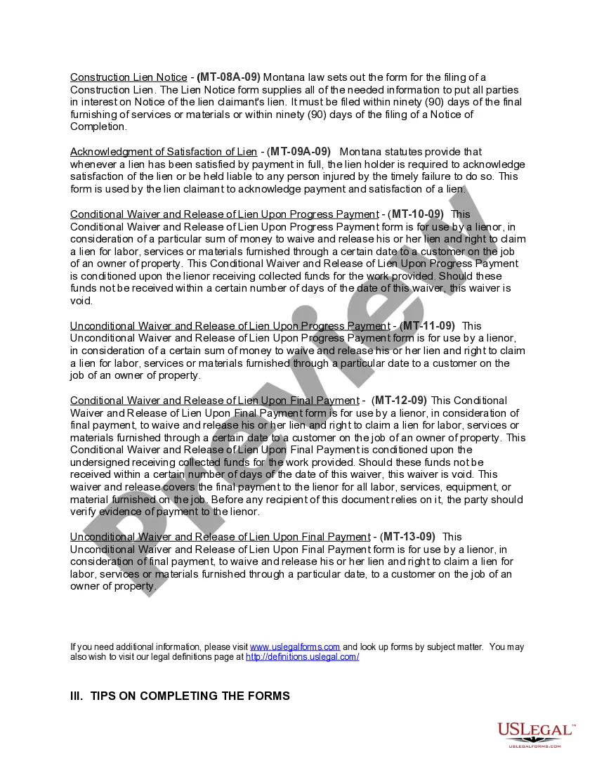 Preview Montana Construction or Mechanics Lien Package - Corporation or LLC