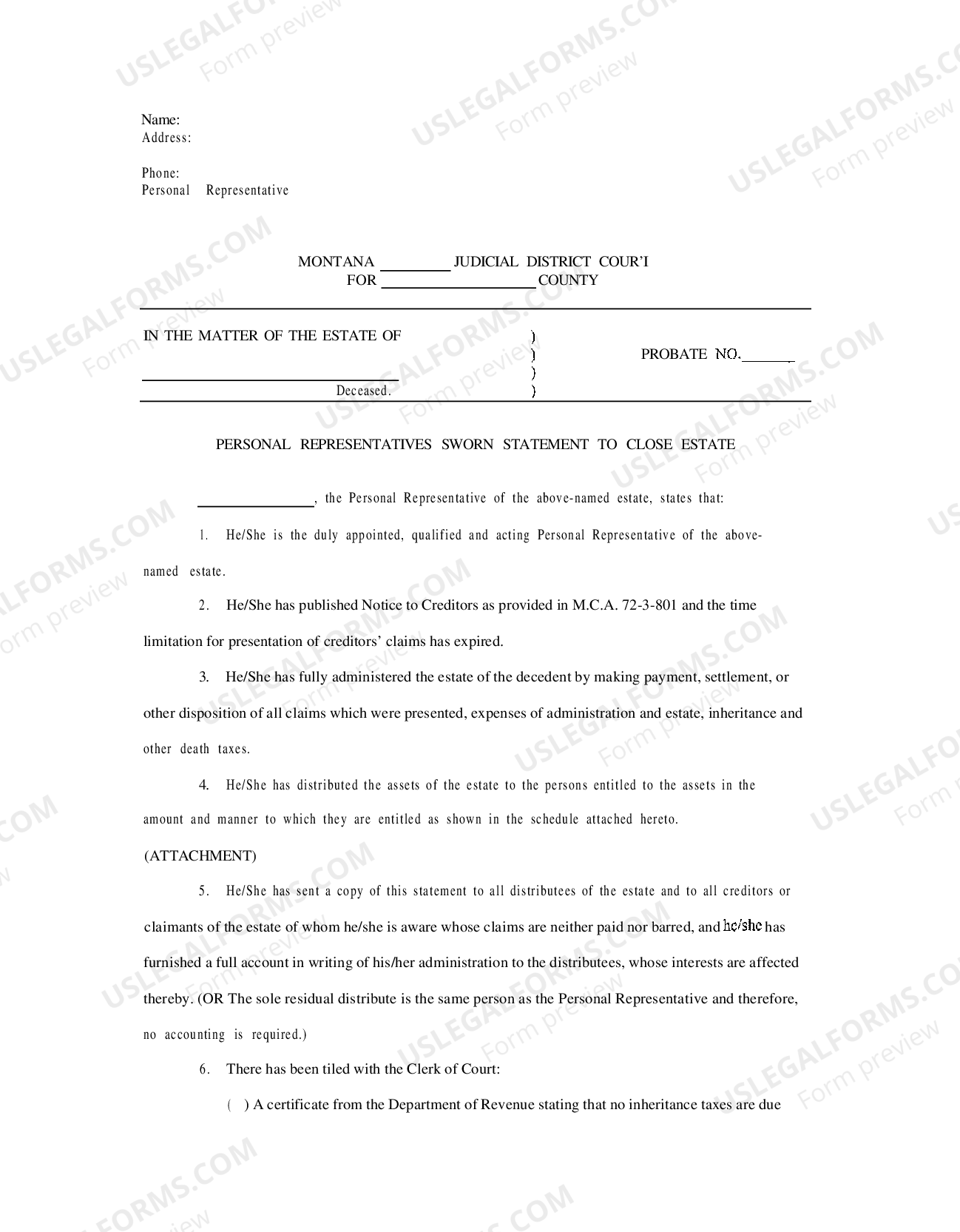 Montana Personal Representative Sworn Statement to Close Estate