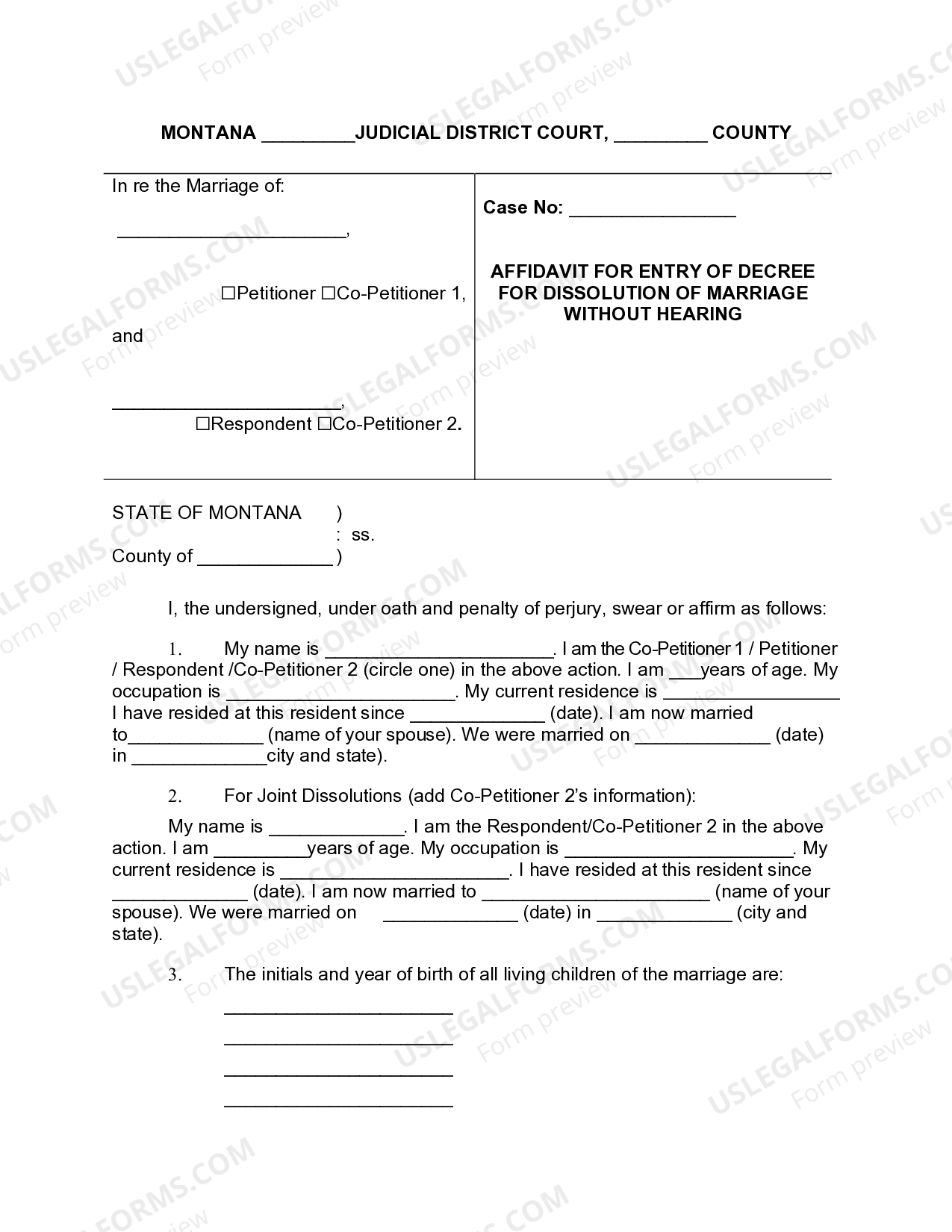 Montana Affidavit for Entry of Decree for Dissolution of Marriage
