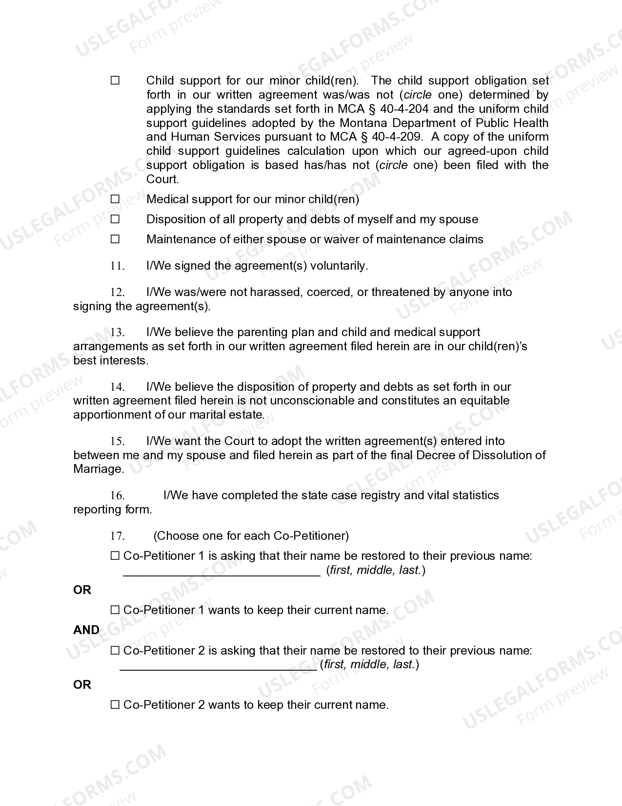 Montana Affidavit for Entry of Decree for Dissolution of Marriage