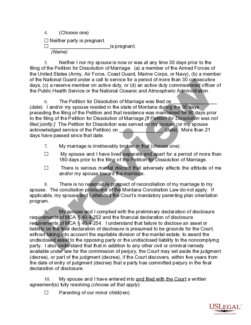 Preview Affidavit for Entry of Decree for Dissolution of Marriage Without Hearing