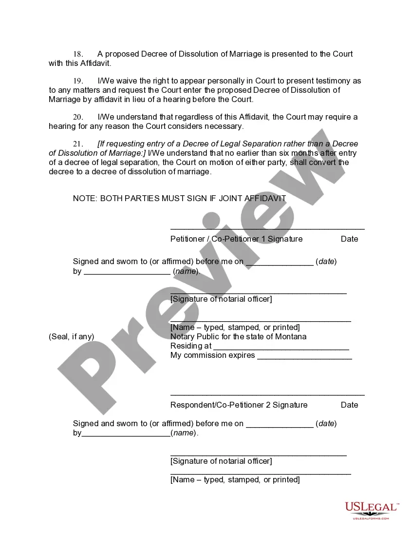 Preview Affidavit for Entry of Decree for Dissolution of Marriage Without Hearing