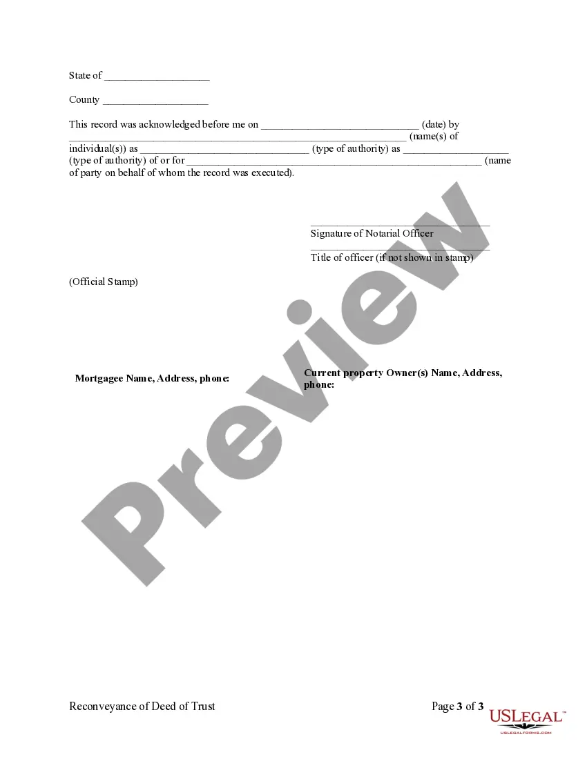 Preview Reconveyance - Satisfaction, Release or Cancellation of - Trust Indenture Deed of Trust by Individual Trustee