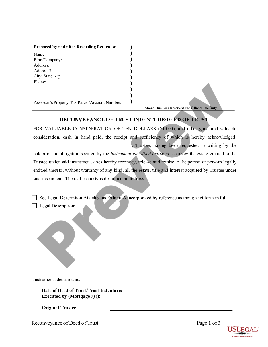 page 0 Reconveyance - Satisfaction, Release or Cancellation of - Trust Indenture Deed of Trust by Corporate Trustee preview