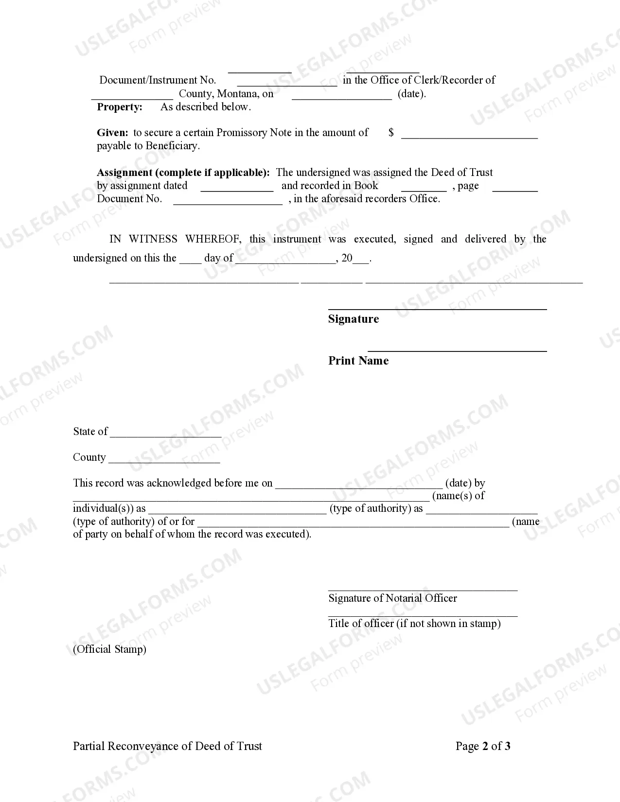 Preview Partial Release of Property From Deed of Trust for Individual