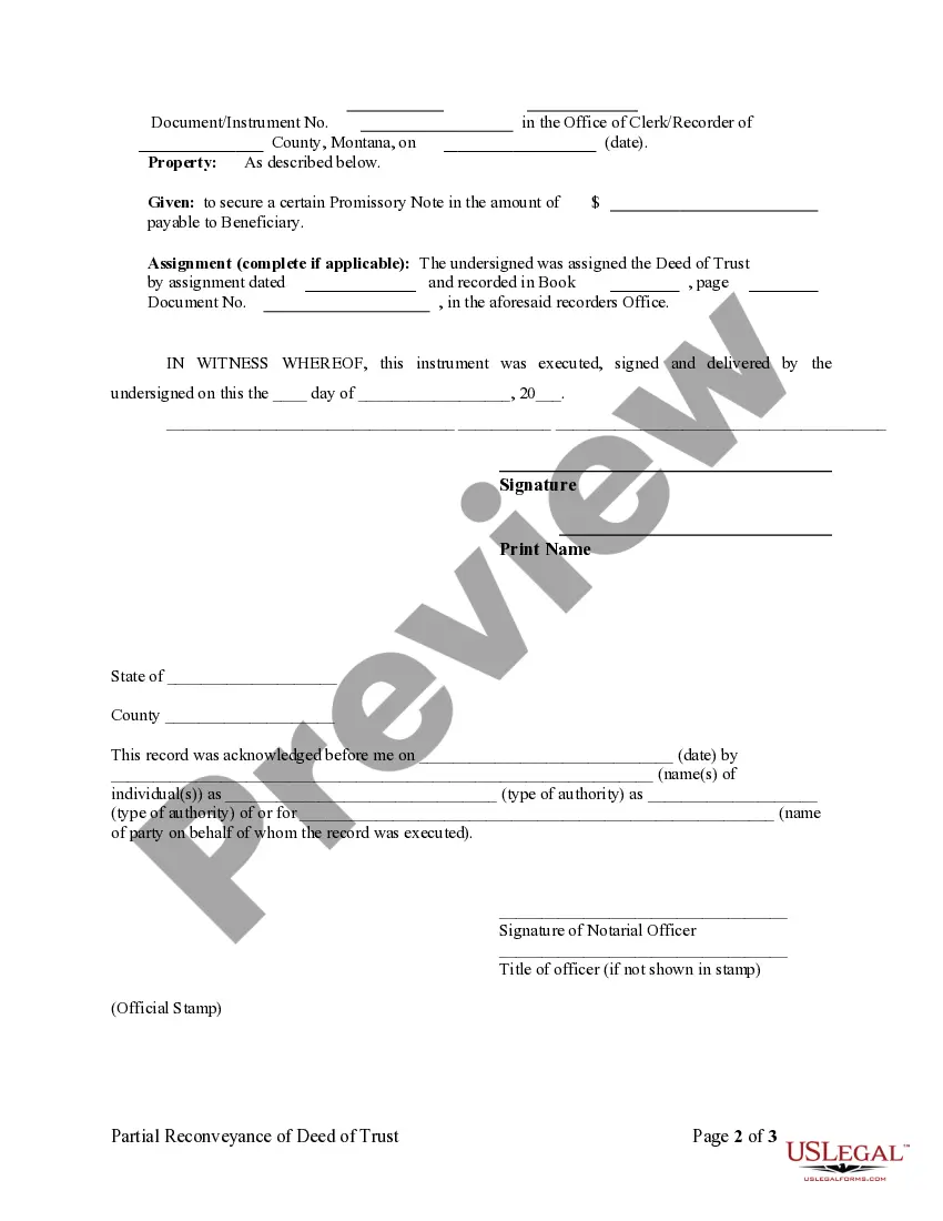 Preview Partial Release of Property From Deed of Trust for Corporation