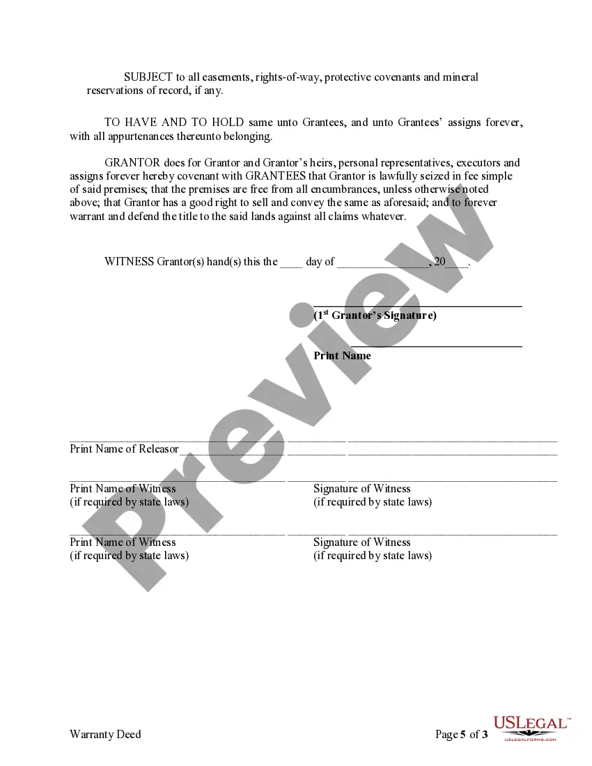 Preview Warranty Deed to Separate Property of One Spouse to Both Spouses as Joint Tenants
