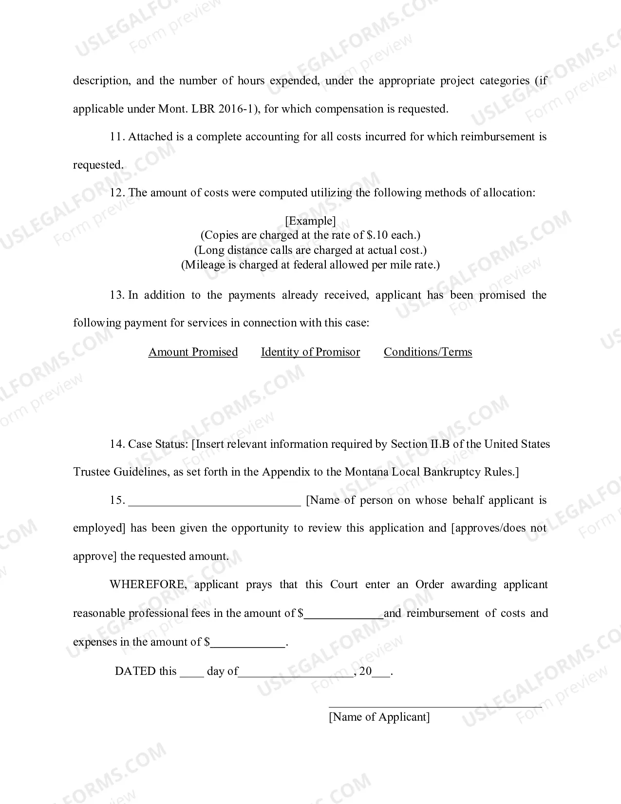 Preview Mont. LBF 17. APPLICATION FOR PROFESSIONAL FEES AND COSTS [MONT. LBR 2016-1(a)]