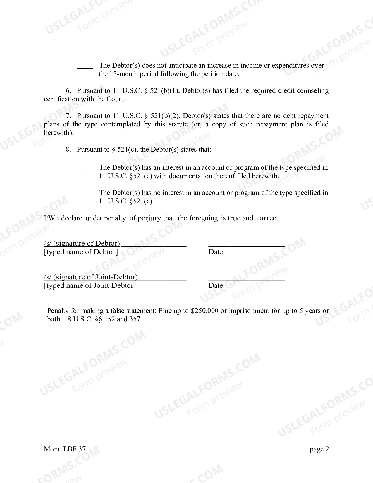 Preview Mont. LBF 37. NOTICE of COMPLIANCE WITH Sec. 521 [MONT. LBR 4002-1(f)]