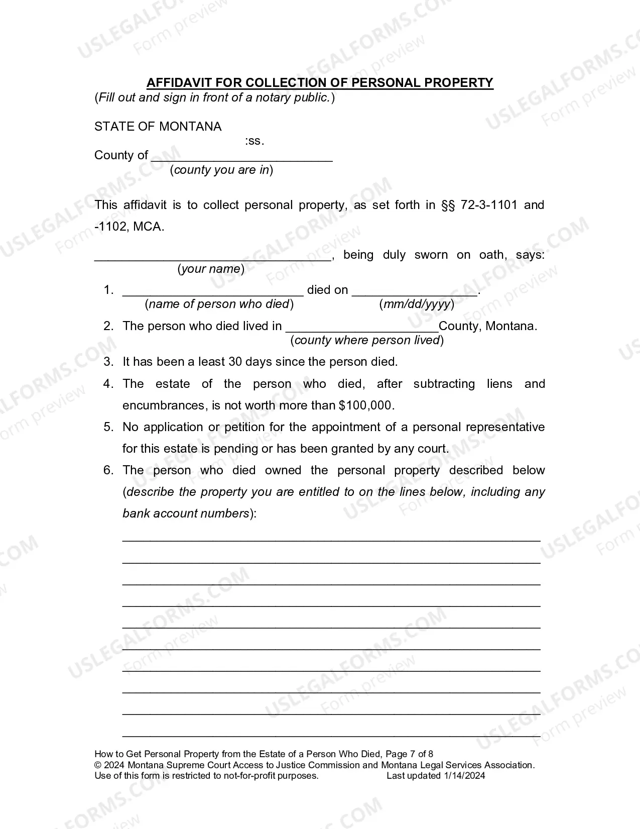 Preview Affidavit for Collection of Personal Property Packet