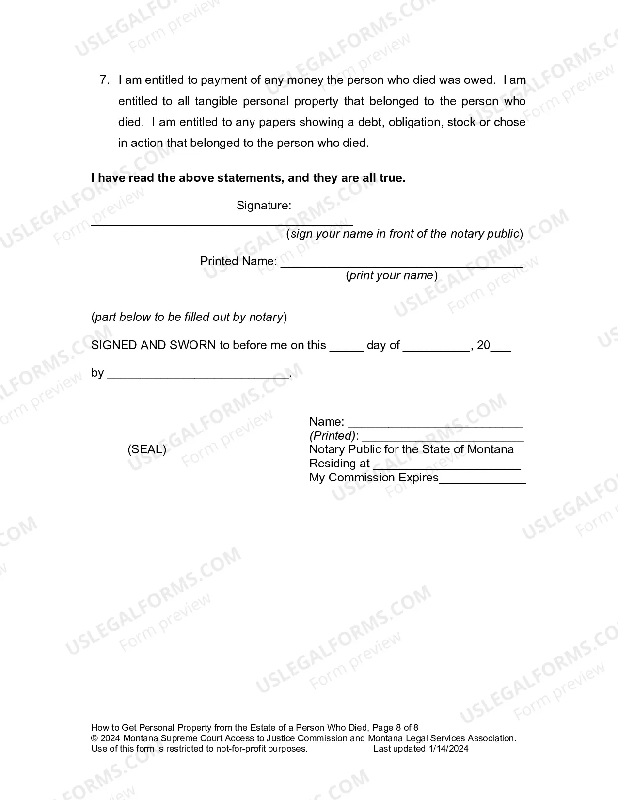 Preview Affidavit for Collection of Personal Property Packet