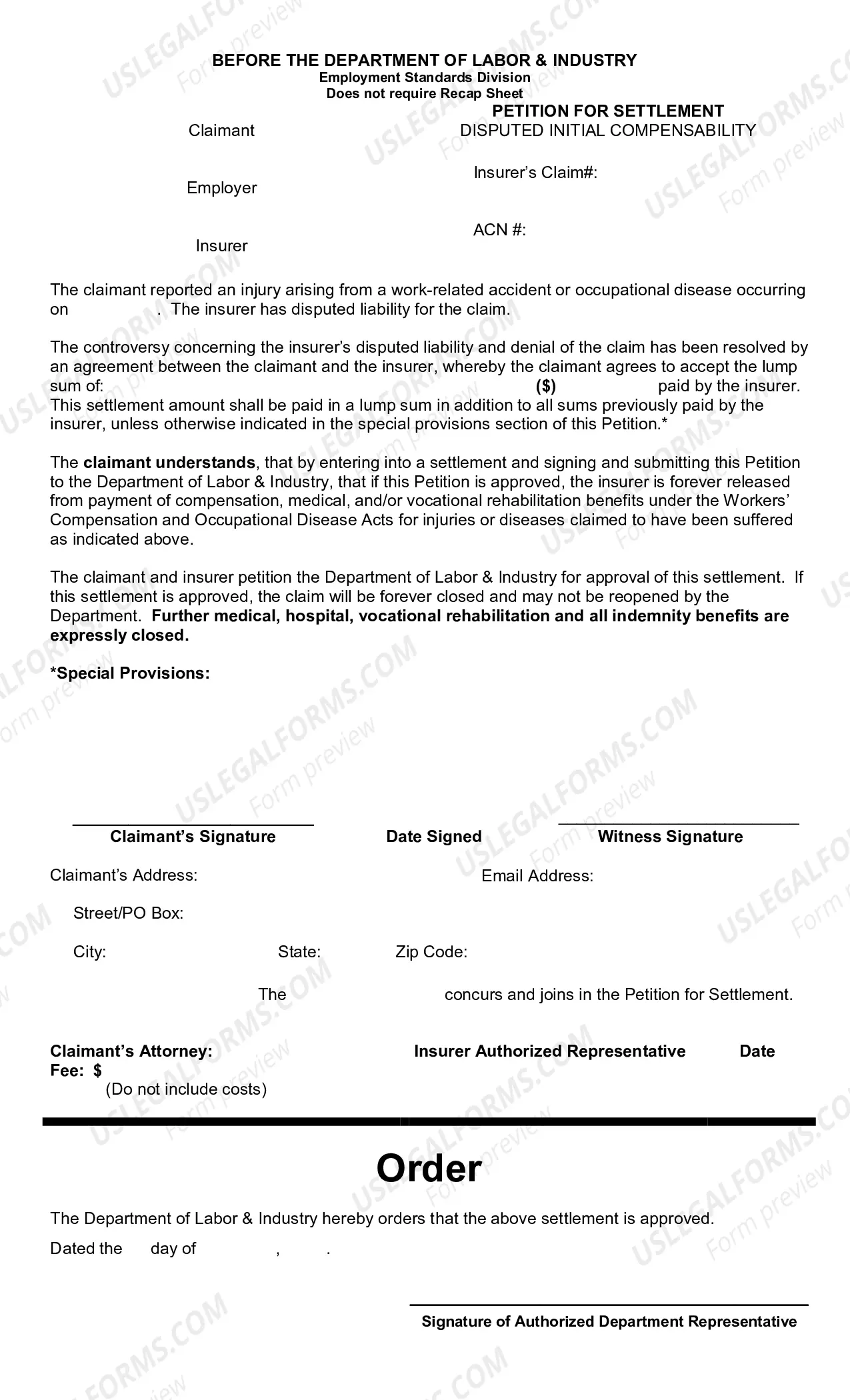 Preview Petition for Settlement - Disputed Initial Comp & Checklist for Settlement Requirements