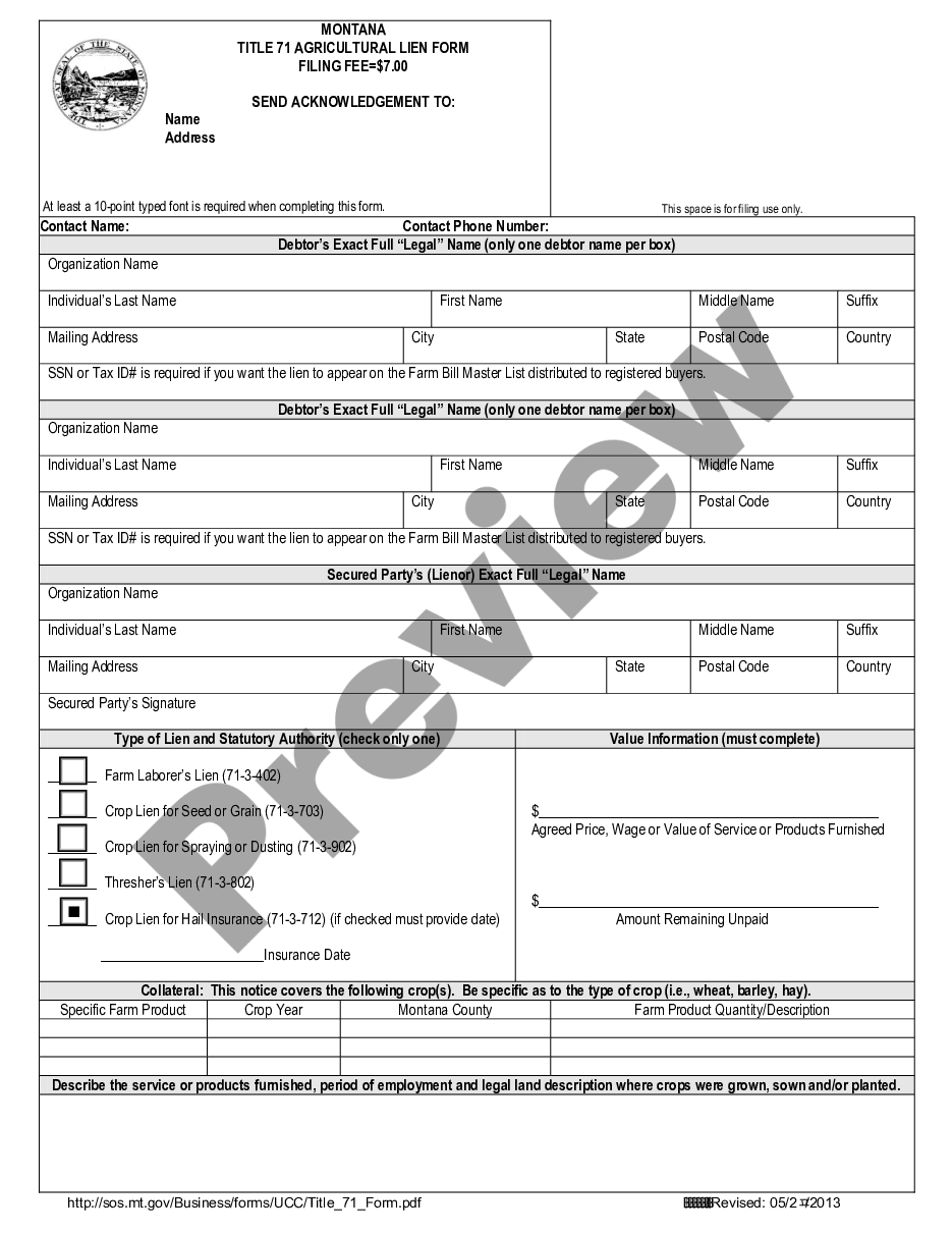 page 0 Montana UCC Agricultural Lien Form preview