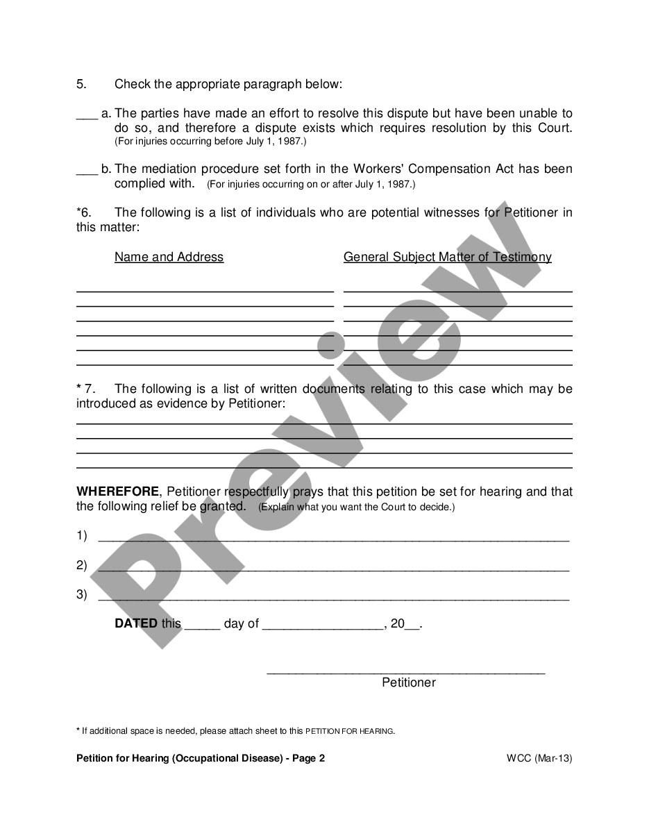 page 1 Petition for Hearing - Occupational Disease preview