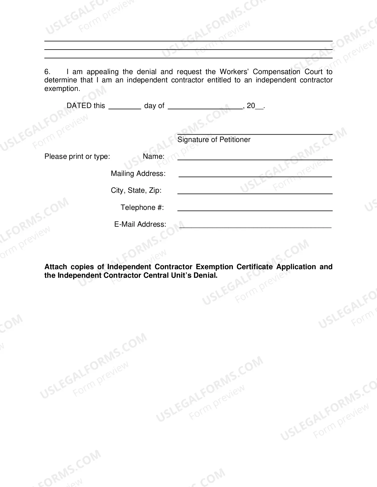 Preview Petition Disputing Denial of Self-Employed Independent Contractor Status - Non-Workers Compensation