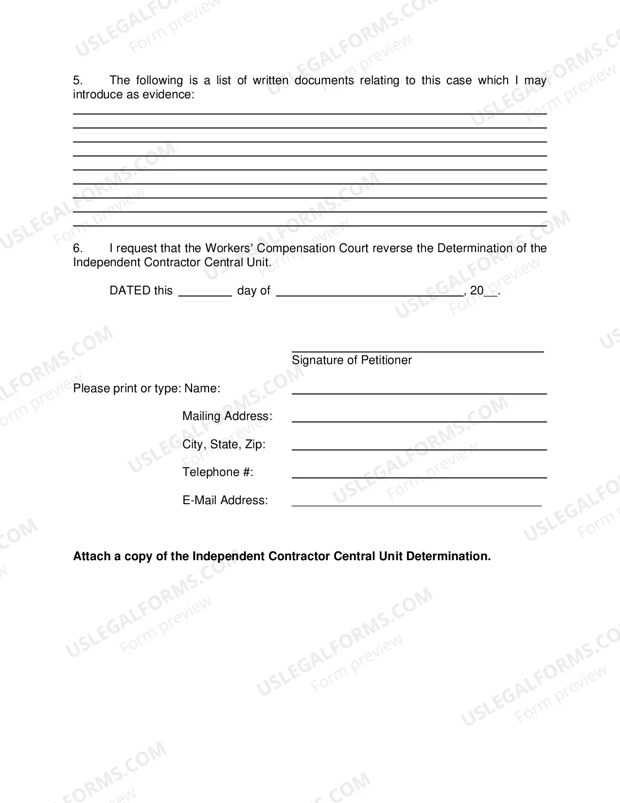 Preview Petition Disputing Self-Employed Independent Contractor Determination - Non-Workers Compensation